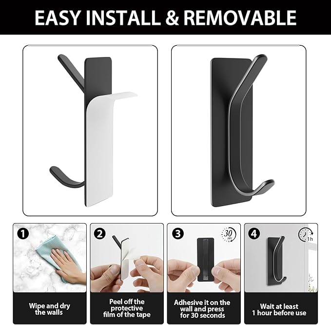 Adhesive Wall Hook for Towel, Coat, Extra Sticky 8LB Stainless Hook, Stick on Hanger for Bath or Shower, Black 6-Pack