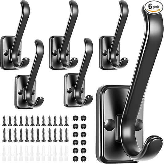 Coat Hooks Wall Mount Heavy Duty - Metal Towel Hooks With Concealed Screw Design Matte Black Wall Hooks for Hanging Towel, Key, Robe, Scarf, Garage Entryway Closet Mudroom Bathroom (6, Black)