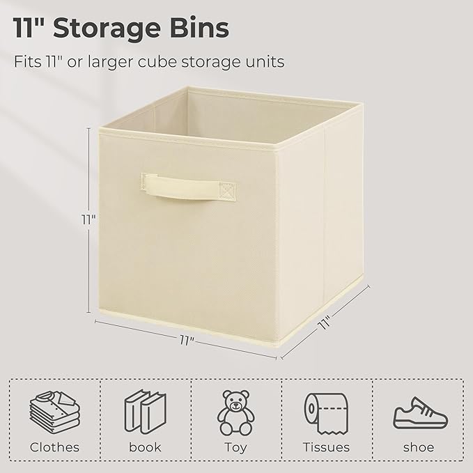 11 Inch Fabric Storage Cubes, Sturdy Foldable Storage Bins, Heavy Duty Cube Organizer for Clothes, Blankets, Shelves, Closets, Bedroom, Living Room, Beige, 3 Pack