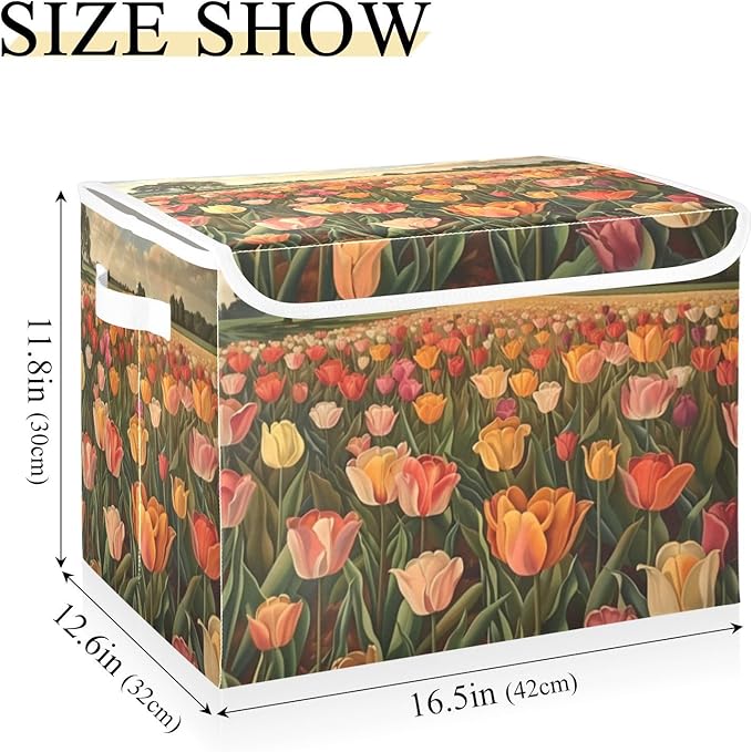 Collapsible Storage Bins with Lids Decorative Fabric Storage Cubes Closet Organizer and Storage Basket Boxes Containers for Clothes Box Chest Nursery Folding Rectangle Tulips Orange