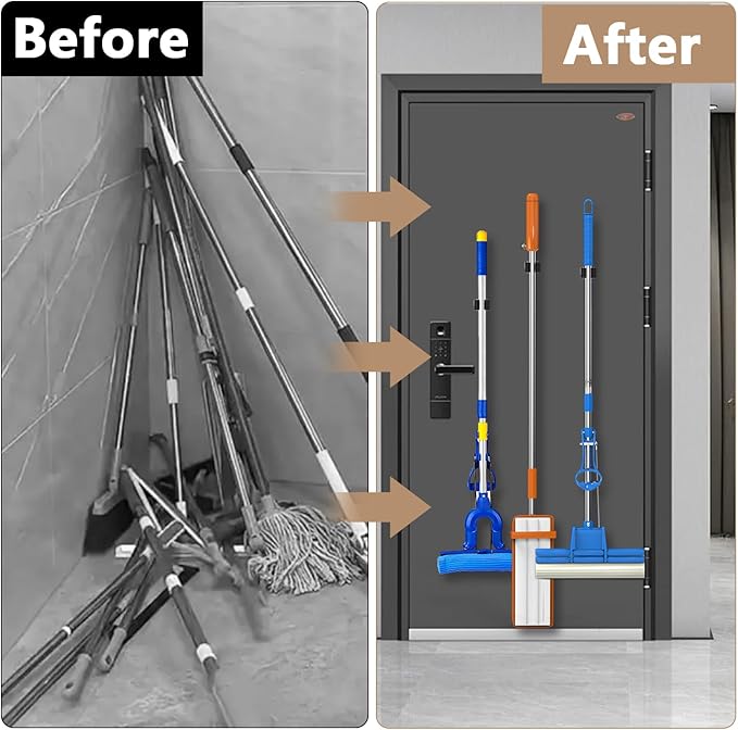 3-H Magnetic Broom Holder 4 Piece, 304 Stainless Steel Broom Holder Wall Mount, No Drilling Magnetic Tool Holder with 2 Mini Magnetic Hooks for Garage Garden Laundry Kitchen, Silver