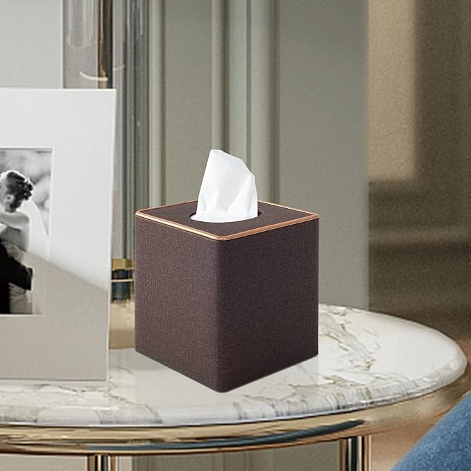 Linen Square Tissue Box Cover,Cube Tissue Box Holderï¼Excellent Rosegold Leather Decoration,Table Napkin Case Dispenser,Facial Tissues Organizer with Magnetic Bottom for Home Office Car(Coffee)