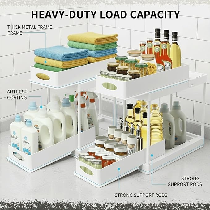 2 Pack Under Sink Organizer, Pull Out Cabinet Storage Organizers for Bathroom & Kitchen, Multi Purpose Under Counter Shelf Rack, Slide out Under the Sink Storage, Cabinet Organizer (White)