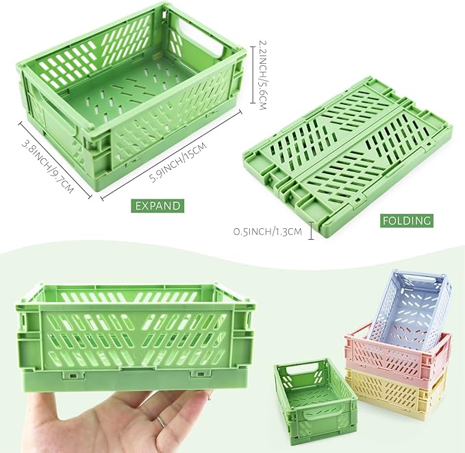 4 Pack Mini Plastic Baskets for Shelf Storage Organizing, Small Plastic Baskets, Folding Storage Crate for Home Kitchen Classroom Bedroom Bathroom Office (5.9 x 3.8 x 2.2 in)