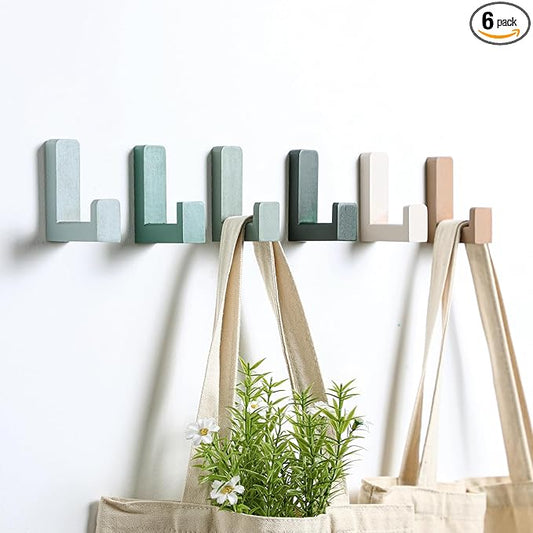 6 Pack Cute Kids Coat Wall Hooks Wooden Adhesive Decorative Colorful Wall Mounted Hangers Backpack Hooks for Hanging Keys Towel Clothes Bathroom Organization(Green)