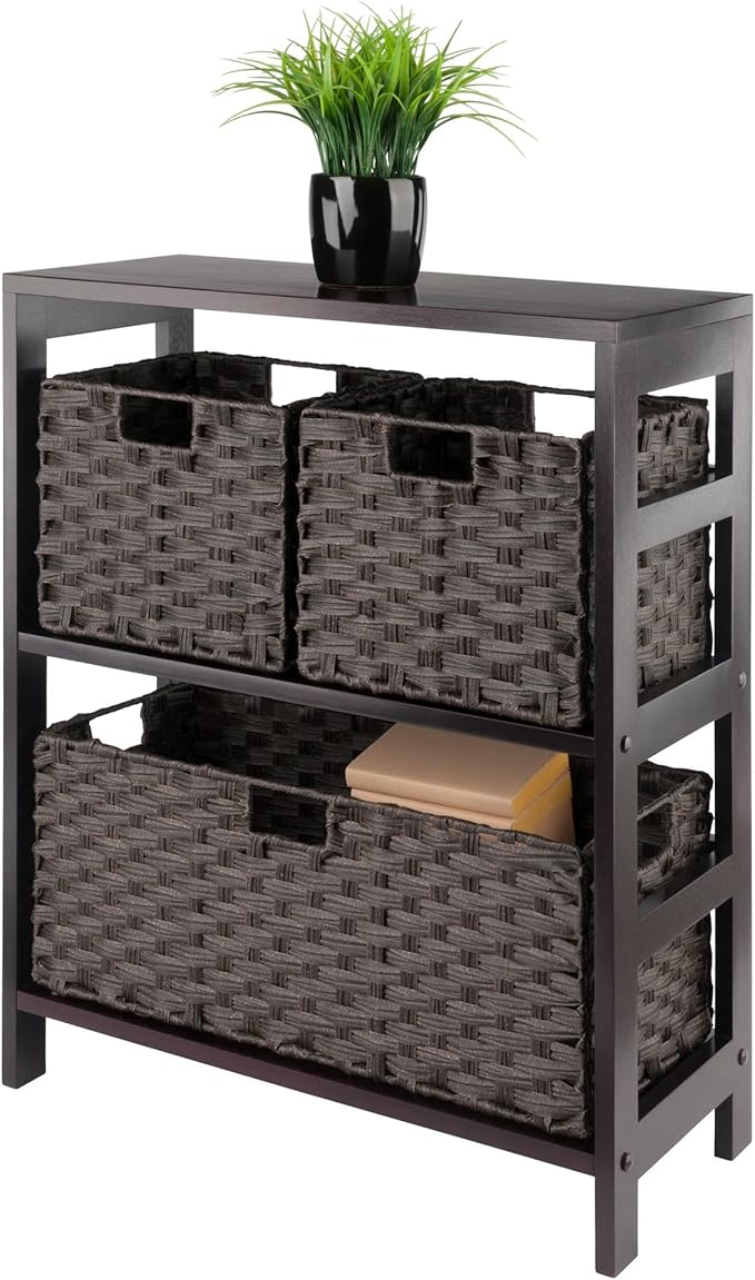 Winsome Leo 2-Tier Wide Storage Shelf with 3 Foldable Woven Baskets, for Living Room, Home Office, Bedroom, Espresso