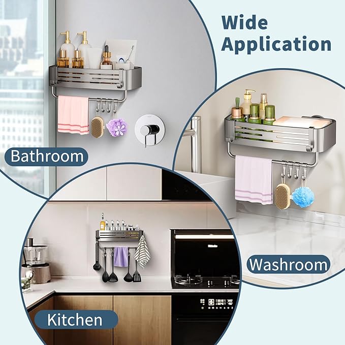Shower Caddy Suction Cup, No Drilling Removable Shower Shelf with Towel Bar & Portable Hooks, Aluminum Rustproof Bath Corner Shower Rack Organizer for Bathroom Storage (Gray)