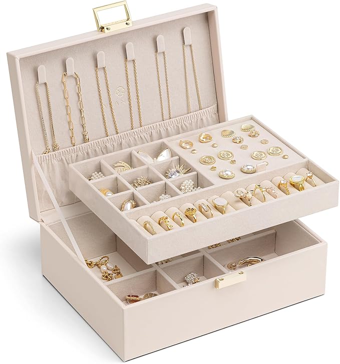 Vlando 2 Layer Jewelry Box Large Jewelry Organizer for Women Removable Jewelery Tray for Necklace Earrings Rings Bracelets Christmas Gifts for Mom Wife (Light Pink)