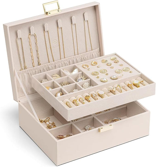 Vlando 2 Layer Jewelry Box Large Jewelry Organizer for Women Removable Jewelery Tray for Necklace Earrings Rings Bracelets Christmas Gifts for Mom Wife (Light Pink)
