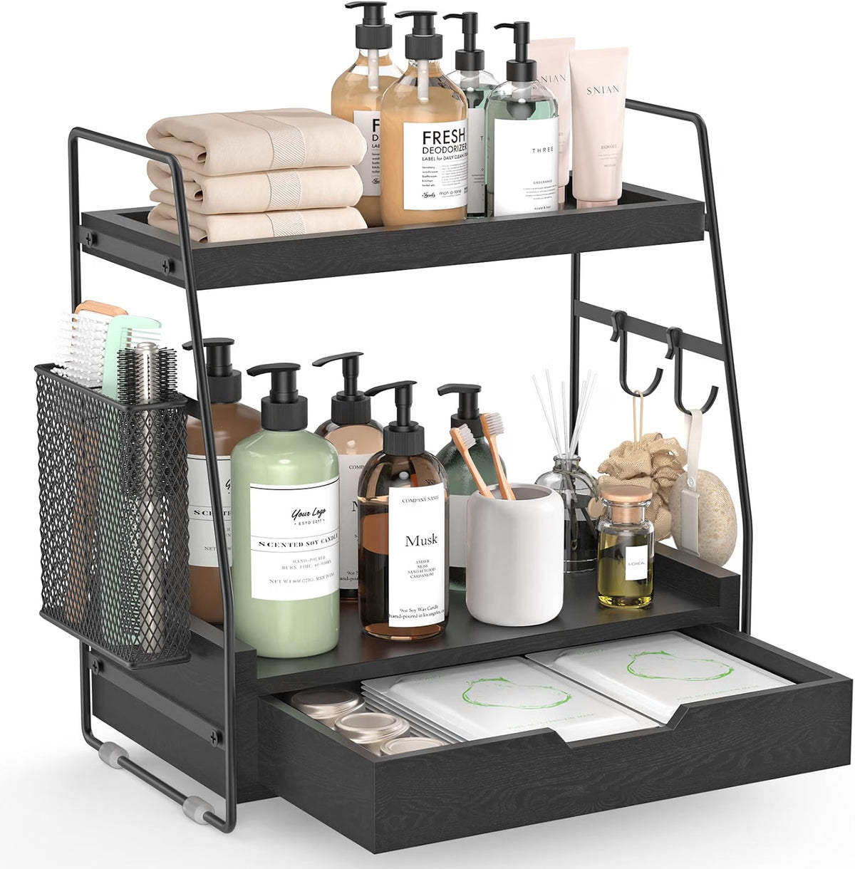 2-Tier Bathroom Counter Organizer with Drawer, Wood Counter Storage Shelf