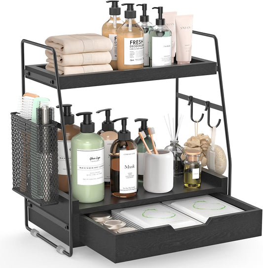 2-Tier Bathroom Counter Organizer with Drawer, Wood Counter Storage Shelf