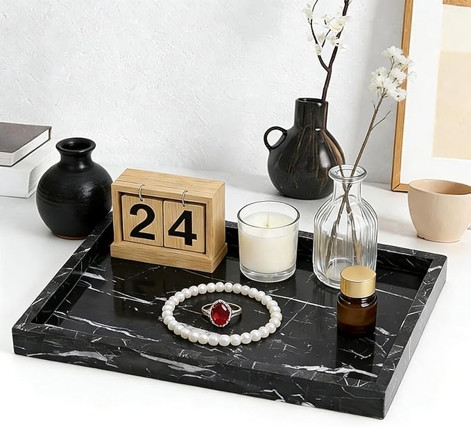 Natural Marble Tray, Stone Tray for Bedroom/Bathroom/Kitchen/Vanity Countertop, Jewelry Tray for Rings Earrings Necklace Bracelet Watch, Room Decor Aesthetic