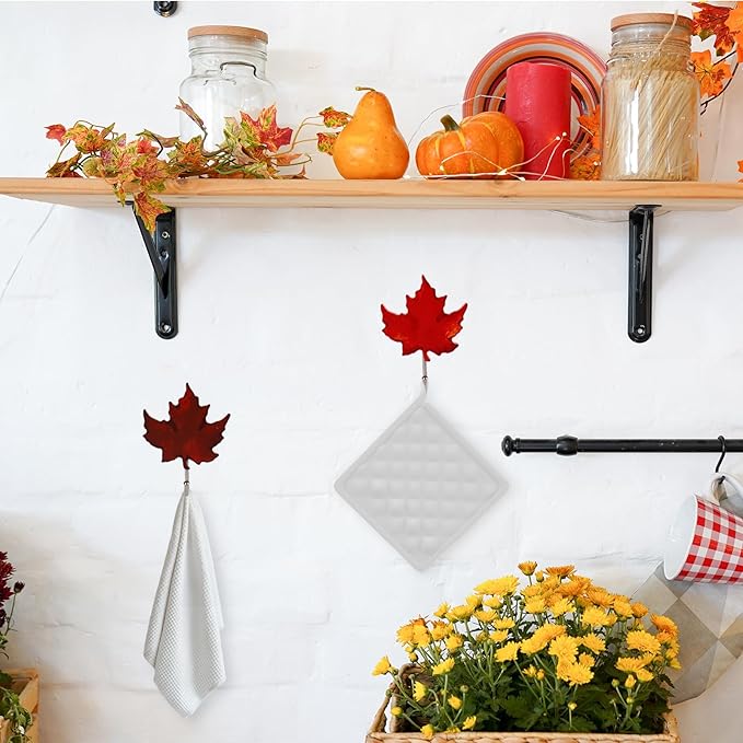 JarThenaAMCS 12Pcs Fall Leaf Hooks Maple Leaf Wood Coat Hook Decorative Towel Hanger Wall Mounted for Autumn Bathroom Bedroom Kitchen Entryway Decor