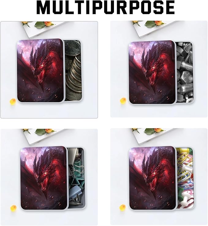 Metal Tin Box with Lid,Multi-functional Storage Box Can Store Tea Biscuits Game Cards, Playing & Tarot Cards-Comes with 4 Magnetic Cord Clips,Red Dragon Portrait
