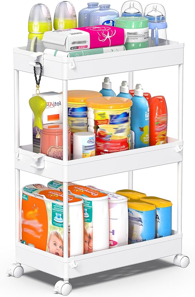 SPACEKEEPER Storage Rolling Cart, 3 Tier Laundry Room Organization Utility Cart Bathroom Organizer Mobile Shelving Unit Shelves Multi-Functional Trolley, White