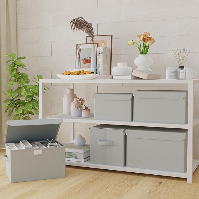 Foldable Storage Bin, Cube Organizer Basket with Flip-Top Lid and 2 Handles, Decorative Boxes for Shelves with Cover for Clothes, Towels, Blanket, 2 Pack, Grey, 13 x 9 x 7.9 In, XSNY12GM-2