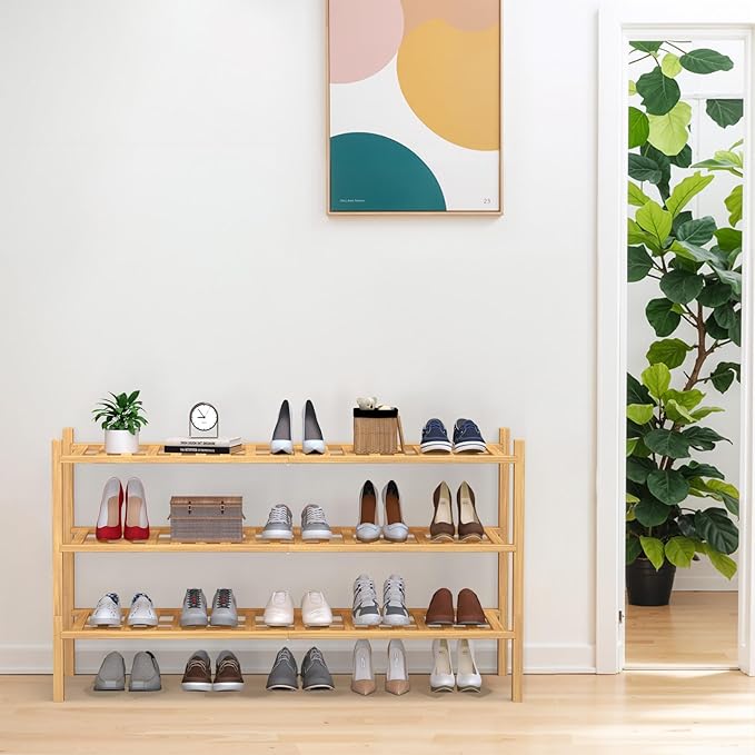 Haddockway Long 3 Tier Bamboo Shoe Rack Storage Organizer,Multifunctional Free Standing Stackable Shoe Shelf with Grid Panel for Closet,Hallway,Entryway,Small Space 34.2"x11"x20"
