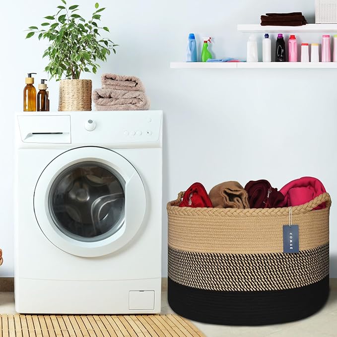 COMSE Extra Large Blanket Basket, Woven Laundry Basket, 21.7âx 13.8â, Nursery Hamper, Cotton Rope Laundry Hamper Living Room for Storage Toys Clothes Towels (Brown & Black)