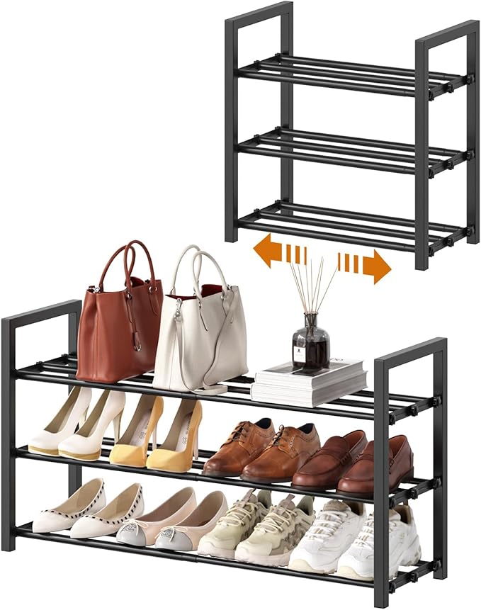 3-Tire Expandable Shoe Rack for Closet, 17"-31" Adjustable Free Standing Shoe Shelf Storage Fits 6-12 Pairs Shoes, Heavy Duty Reinforced Metal Shoes Organizer for Entryway Doorway Dorm