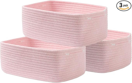 Small Woven Basket, 13.5 x 9.5 x 5 Inches, Storage Basket for Organizing, Cute Small Rope Shelf Closet Cube Storage Bins Baskets for Shelves, Dog Toy Gift Baskets Empty, 3 Pack Light Pink