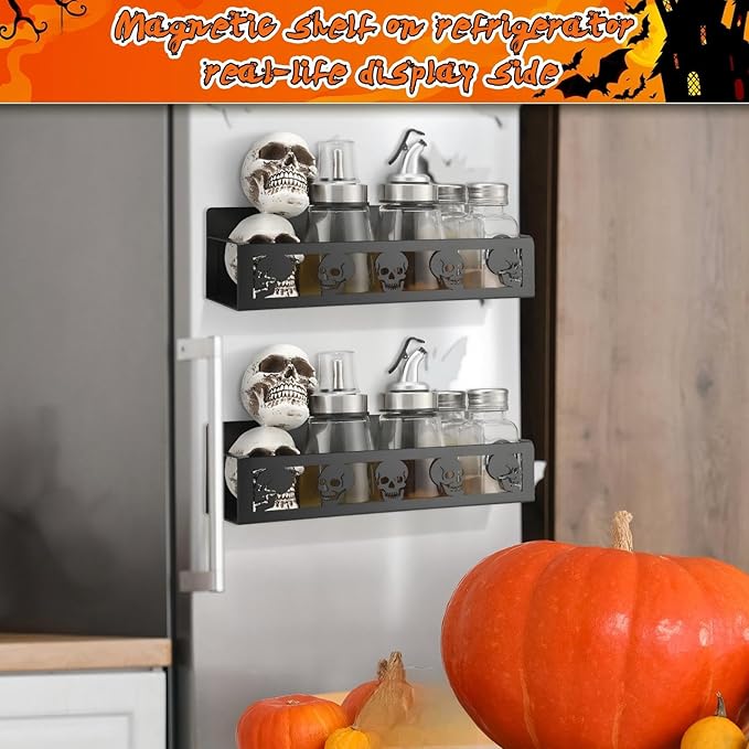 2 Pack Skull Head Magnetic Spice Rack for Refrigerator Metal Magnet Basket Shelf for Fridge Seasoning Storage Organizers Home Decor Kitchen Accessories (Black)