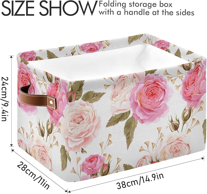 susiyo Large Foldable Storage Bin, Floral Pink Roses Fabric Storage Baskets for Shelves, Closet Organizer Bins, Decorative Baskets Clothes Storage Bin with PU Handles -2Pack