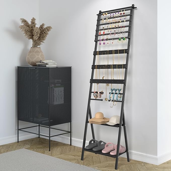 Jewelry Organizer Stand Floor Jewelry Holder Stand with Necklace Holder Earring Floor Stand, Tall Jewelry Armoire for Watches, Rings, Bangle, 54 Holes Metal Earring Rack, Black