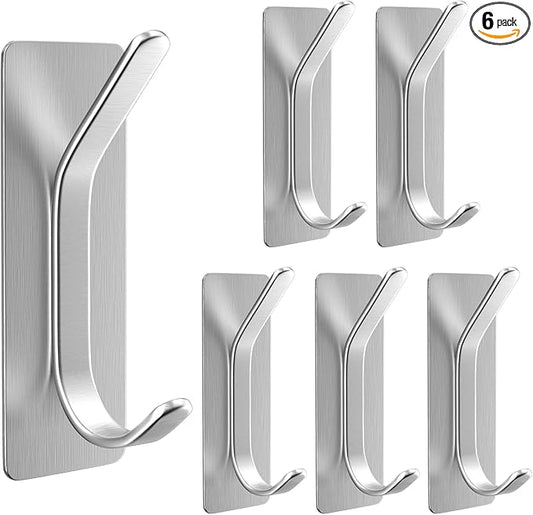 Adhesive Wall Hook for Towel, Coat, Extra Sticky 8LB Stainless Hook, Stick on Hanger for Bath or Shower, Silver 6-Pack