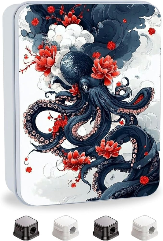 Metal Tin Box with Lid,Multi-functional Storage Large Box Can Store Tea Biscuits Game Cards, Playing & Tarot Cards-Comes with 4 Magnetic Cord Clips,Octopus and Red Flower