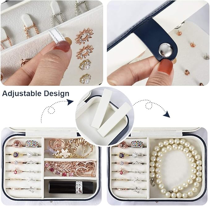 jiemei Jewelry Box, Travel Jewelry Organizer Cases with Doubel Layer for Women’s Necklace Earrings Rings and Travel Accessories (Dark Blue)