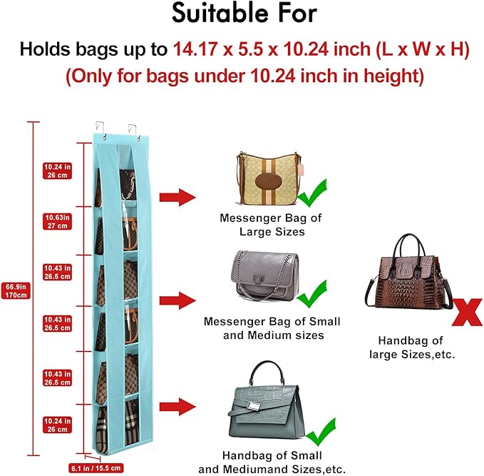 Lirex Over The Door Purse Organizer, Space-Saving Medium and Large Handbag Storage Organizer Clothing Closet Hanger, Light Blue
