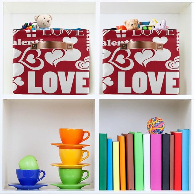 Love Lips Large Foldable Storage Basket,Valentine Pattern Storage Bin Fabric Collapsible Organizer Bag with Handles 15x11x9.5 inch