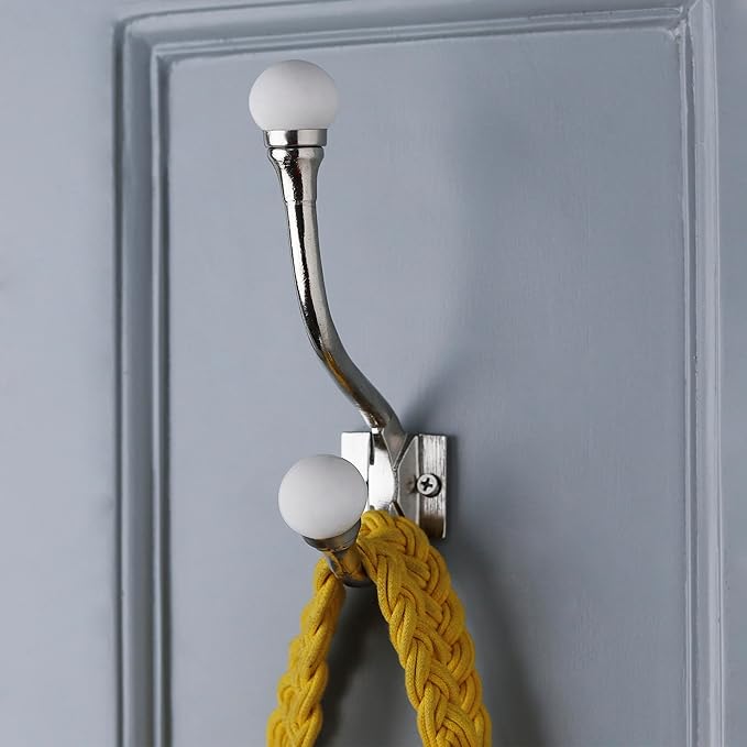 Indian Shelf 6 Pieces Exclusive Ceramic Heavy Duty Decorative Double Wall Hooks for Hanging Coats, Jackets, Leash, Hat, Towel, Backpack, Purse, Handbag for Entryway Décors :White
