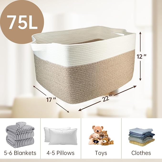 75L Large Cotton Rope Basket 22" x 17" x 12",Large Blanket Basket with Handle,woven baskets for storage,Storage Baskets for Organizing