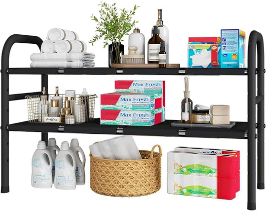 Expandable Under Sink Organizers, 2-Tier Kitchen Bathroom Cabinet Storage Counter Shelf, Shoe Storage Rack with 8 Removable Plastic Boards for Kitchen, Bathroom, Pantry, Entryway, Closet