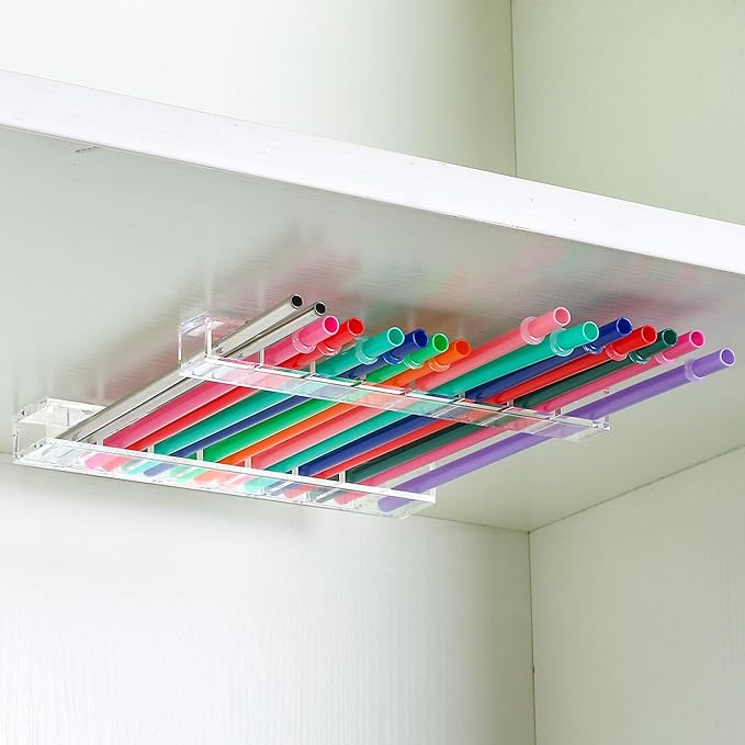 Baderke Straw Holder for Cabinet Reusable Straw Organizer with Double Sided Adhesive Tape Screws Storage Container for Kitchen Counter Cupboard(Clear,Novel)