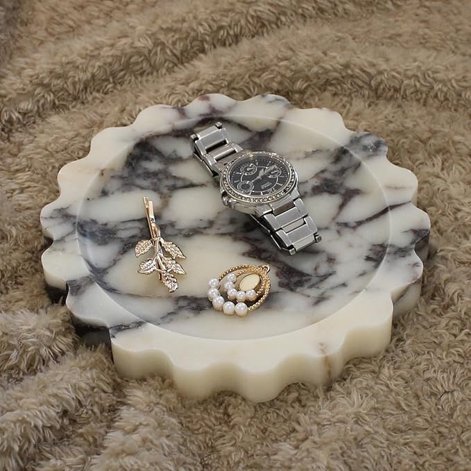 Natural Small Calacatta Viola Marble Tray 6.3", Round Scalloped Tray for Nightstand Dresser, Jewelry Tray for Women's Gift