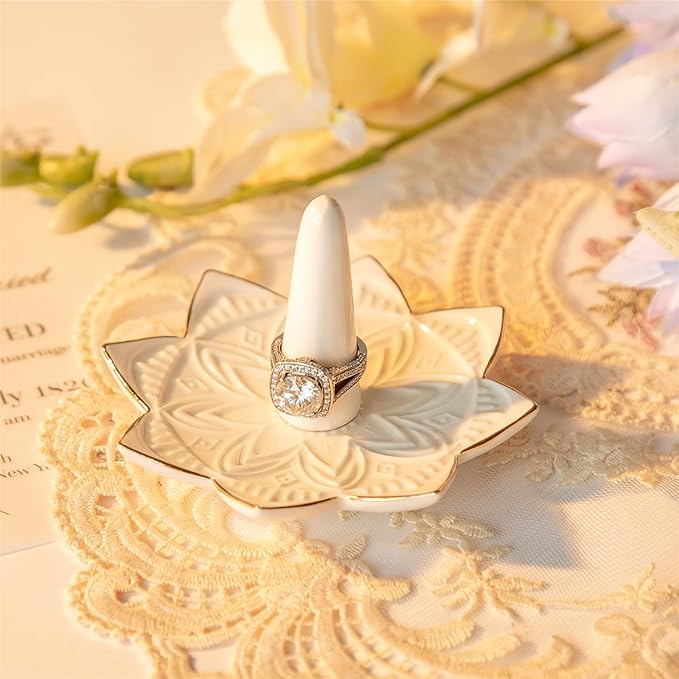Ceramic Ring Holder for Jewelry,White Mandala Ring Dish Jewelry Dish Jewelry Holder,Room Decor,Engagement Wedding Birthday Gifts for Couples Women