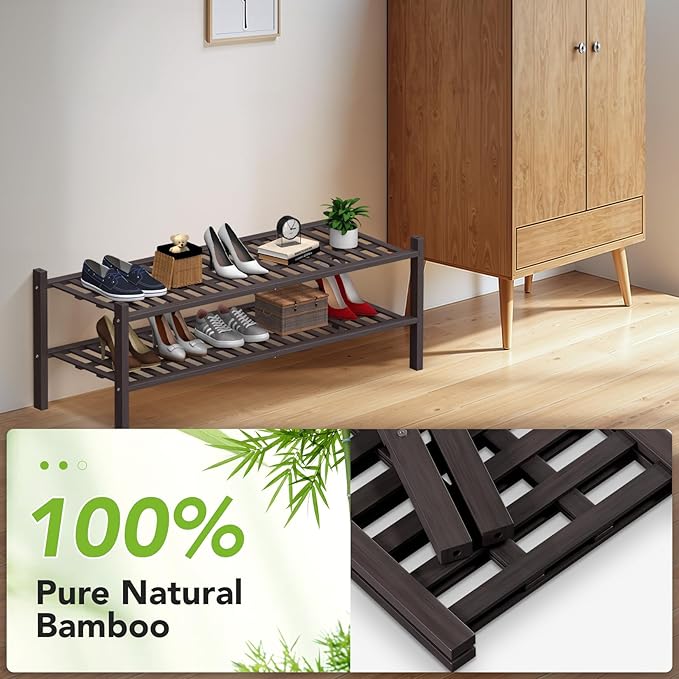 Haddockway Long 2 Tier Bamboo Shoe Rack Storage Organizer, Multifunctional Free Standing Stackable Shoe Shelf with Grid Panel for Closet,Hallway,Entryway,Small Space 34.2"x11"x13"