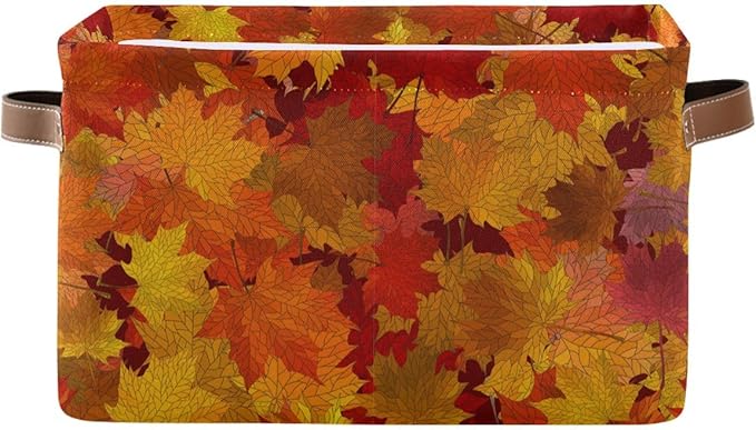 Bolaz Maple Autumn Leaves Storage Basket,Fall Large Storage Bin Fabric Collapsible Organizer Bag with Handles 15x11x9.5 inch