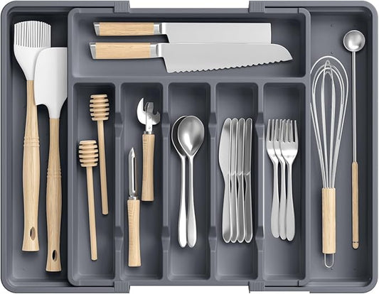 Large Silverware Organizer,Expandable Utensil Drawer Organizer,BPA Free Utensil Holder,Adjustable Silverware Tray Cutlery Drawer Organizer for Kitchen Flatware,Large,Grey (6-8 Slots)