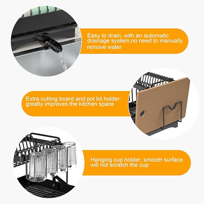Large Dish Drying Rack 2 Tier for Kitchen Counter, Anti-Rust Metal Dish Rack with Lock & Lift System & Retractable Auto-Drain Spout, Escurridor de Platos with Cutting Board Holder, Black
