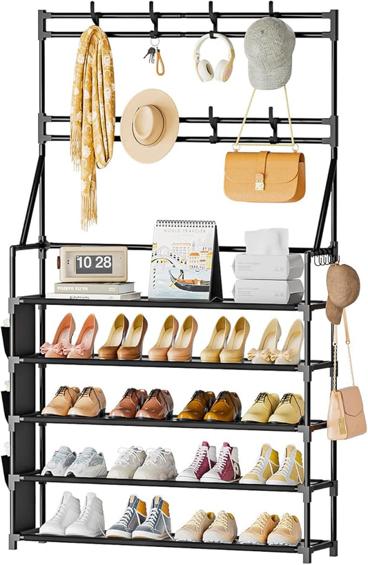 OYREL Shoe Rack 5 Tier Shoe Racks Organizer 20-25 Pairs Shoes Rack for Closet Entrance Shoe Storage Organizer with Hooks and Side Pocket Entryway Shoe Holder Space Saving Free Standing Shoe Racks