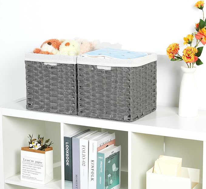 Bidtakay Wicker Baskets for Shelves Waterproof Imitation Wicker Cube Storage Bins with Liners for Organizing Closet Cabinet 11x11 inch Storage Cube Organizer for Pantry-Dark Grey 2-Pack