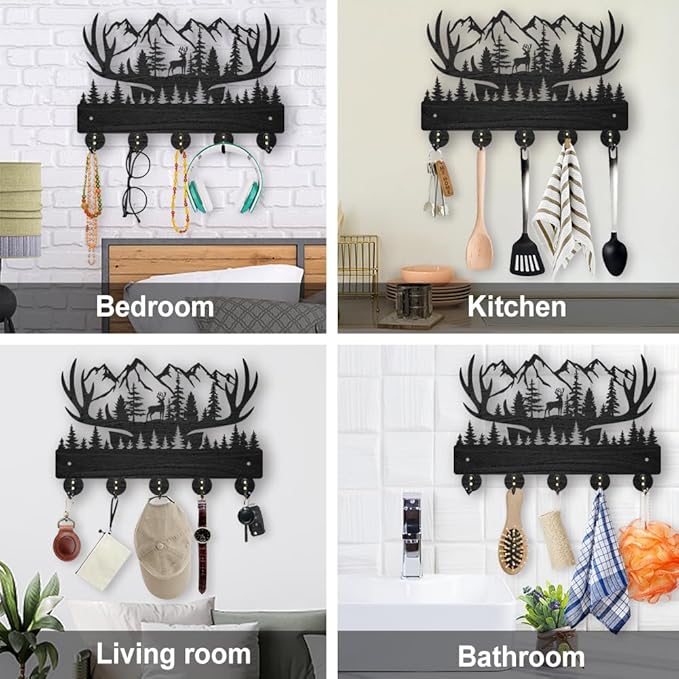 MAYJOYDIY Deer Antlers Key Holder for Wall, 11.8×7.9inch Christmas Decor, Forest Mountain Key Rack Hanger, 5 Alloy Hooks, Animal Theme for Living Room Hallway Office Gift