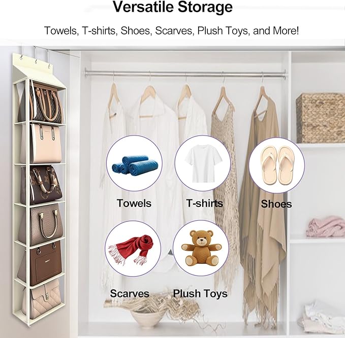 Lirex Over The Door Purse Organizer & Purse Shelf for Closet – Handbag Storage Organizer with Purse Hanger. Perfect for Scarves, Hats, and Leggings. S (11.8'' x 5'' x 51.6''), Cream White