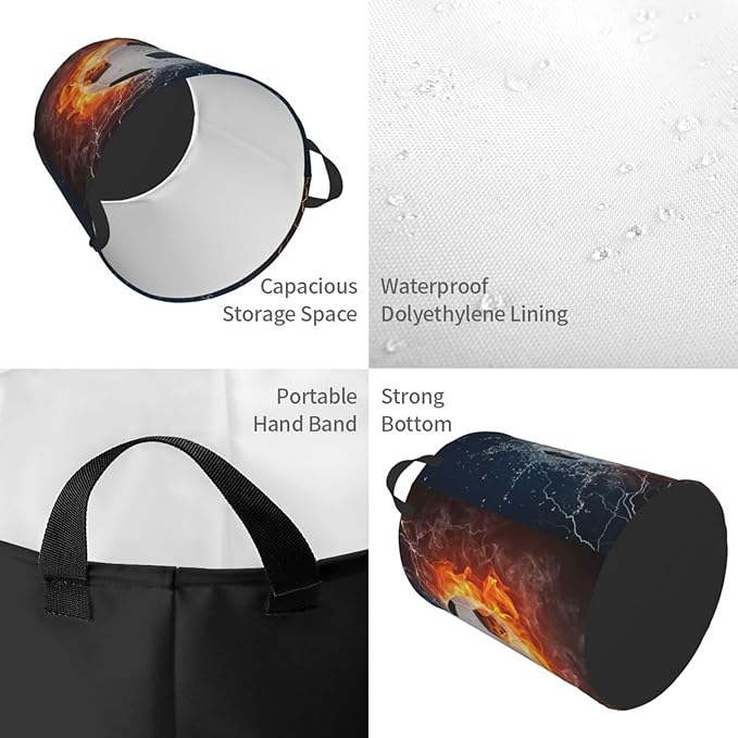 Soccer Ball In Fire And Water Round Laundry Hamper Sport Football Storage Basket Toys Clothes Organizer Bin For Home Bathroom Bedroom Dorm Nursery, 62l