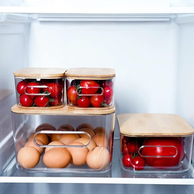 4 Pack Clear Plastic Storage Bins with Bamboo Lids, storage boxes ,Storage Containers, Medicine Cabinet,Organizer, picnic container,Bread Box for Kitchen,Cupboard, Pantry Shelves, bathroom in 3 sizes
