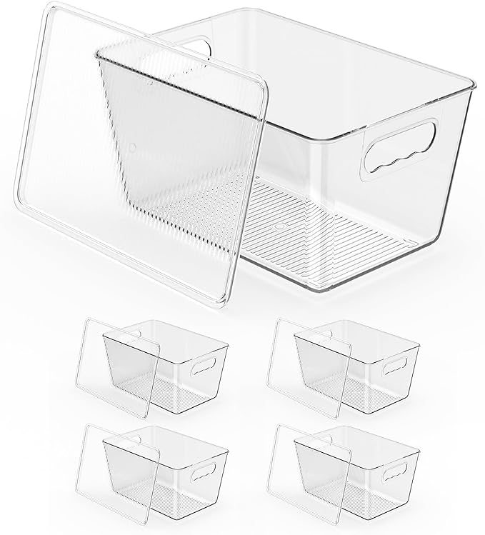 4 Pack Clear Stackable Storage Bins with Lids, Large Plastic Pantry Organizers and Storage Containers for Kitchen Cabinet, Fridge, Closet, Bathroom - BPA-Free Home Organization Must Haves