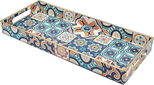 Bathroom Vanity Tray for Countertop, Small Plastic Toilet Tank Tray Versatile Storage & Organization Tray for Makeup, Perfume, Desk, Kitchen, Candles, 13.7"x6"x1.4", 35Boho2